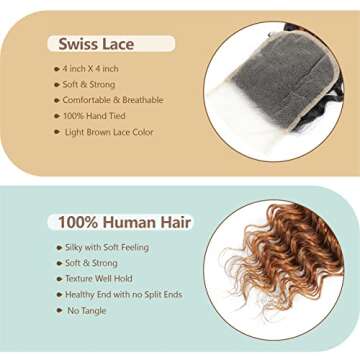 Ombre Deep Wave Human Hair 3 Bundles With 4x4 Lace Closure 1B/30 Brown Curly Bundles with Closure Unprocessed Brazilian Virgin Human Hair Extensions For Women (T1B/30,12 14 16 +10)