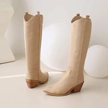 Reitoye Women's Western Cowboy Boots Embroidery Knee High