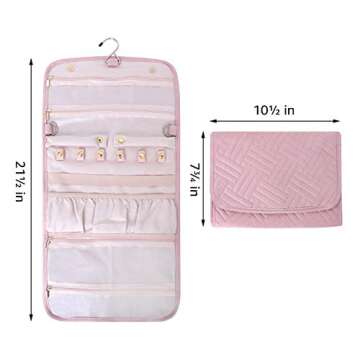 Refrze Hanging Jewelry Organizer Roll, Travel Jewelry Organizer, Foldable Jewelry Bag Case, Jewelry Storage Bag Organizer for Journey-Rings, Necklaces, Earrings, Compact and Easy to Carry Large Pink