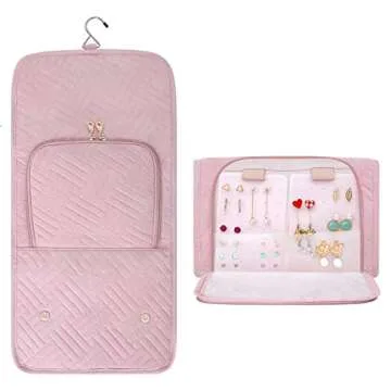 Refrze Hanging Jewelry Organizer Roll, Travel Jewelry Organizer, Foldable Jewelry Bag Case, Jewelry Storage Bag Organizer for Journey-Rings, Necklaces, Earrings, Compact and Easy to Carry Large Pink