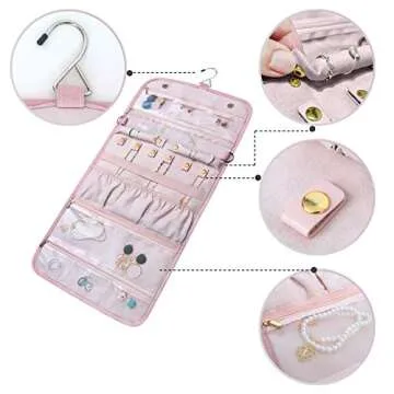 Refrze Hanging Jewelry Organizer Roll, Travel Jewelry Organizer, Foldable Jewelry Bag Case, Jewelry Storage Bag Organizer for Journey-Rings, Necklaces, Earrings, Compact and Easy to Carry Large Pink