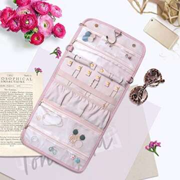 Refrze Hanging Jewelry Organizer Roll, Travel Jewelry Organizer, Foldable Jewelry Bag Case, Jewelry Storage Bag Organizer for Journey-Rings, Necklaces, Earrings, Compact and Easy to Carry Large Pink