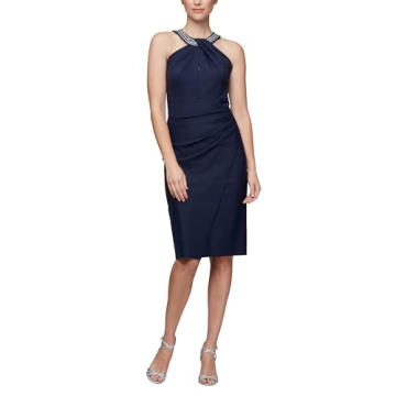 Alex Evenings Women's Short Sheath Slimming Stretch Halter Neck Dress, Navy, 10