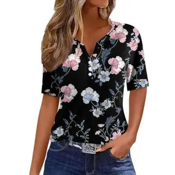 Womens Short Sleeve Tops Fashion Printed Pullover Button Plus Size Blouse Tees 2024 Summer Casual V Neck T Shirt Women's Blouses with Short Sleeves（2-Pink,Large）