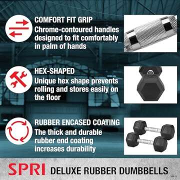 SPRI Dumbbells Hand Weights Set of 2-3 lb Rubber Hex Chrome Handle Exercise & Fitness Dumbbell for H...