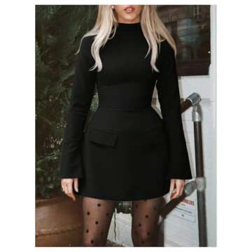 SOLY HUX Women's Mock Neck Long Sleeve Mini Dress A Line Flared Elegant Dresses