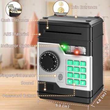 NAFEIV Piggy Bank, Automatic Electronic Piggy Bank for Kids Boys Girls with Password and Fingerprint Unlocking Simulation, Money Bank Kids Safe Toys for 3 4 5 6 7 8 9 10 Year Old Boy Girl (Black)