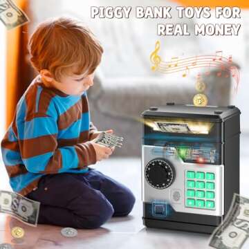 NAFEIV Piggy Bank, Automatic Electronic Piggy Bank for Kids Boys Girls with Password and Fingerprint Unlocking Simulation, Money Bank Kids Safe Toys for 3 4 5 6 7 8 9 10 Year Old Boy Girl (Black)