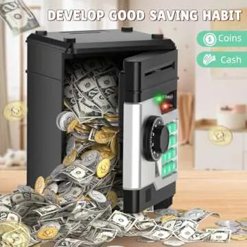 NAFEIV Piggy Bank, Automatic Electronic Piggy Bank for Kids Boys Girls with Password and Fingerprint Unlocking Simulation, Money Bank Kids Safe Toys for 3 4 5 6 7 8 9 10 Year Old Boy Girl (Black)
