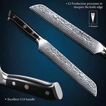 TURWHO Professional serrated Bread Knife 8 Inch - Classic Damascus pattern Japanese VG-10 Steel Kitchen Knives