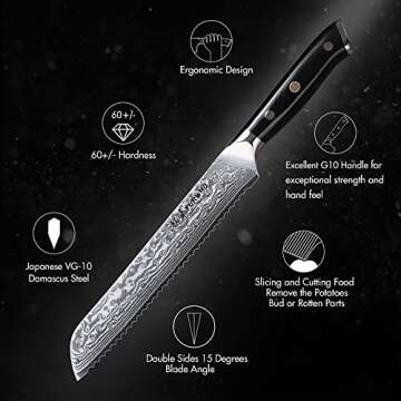 TURWHO Professional serrated Bread Knife 8 Inch - Classic Damascus pattern Japanese VG-10 Steel Kitchen Knives