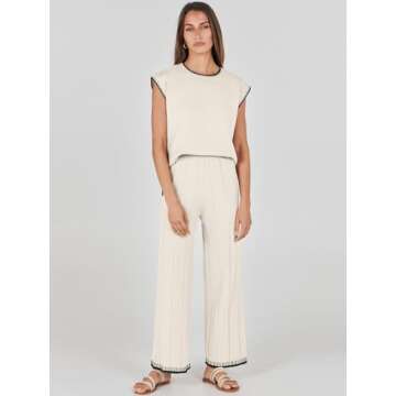 ANRABESS Women 2 Piece Outfits Casual Summer Sleeveless Tops Knit Pants Sweater Lounge Matching Sets 2025 Trendy Clothes Khaki-Black Medium