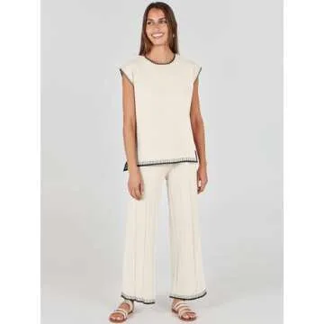 ANRABESS Women 2 Piece Outfits Casual Summer Sleeveless Tops Knit Pants Sweater Lounge Matching Sets 2025 Trendy Clothes Khaki-Black Medium