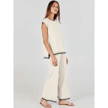 ANRABESS Women 2 Piece Outfits Casual Summer Sleeveless Tops Knit Pants Sweater Lounge Matching Sets 2025 Trendy Clothes Khaki-Black Medium
