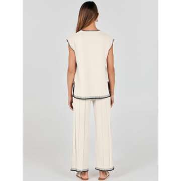 ANRABESS Women 2 Piece Outfits Casual Summer Sleeveless Tops Knit Pants Sweater Lounge Matching Sets 2025 Trendy Clothes Khaki-Black Medium