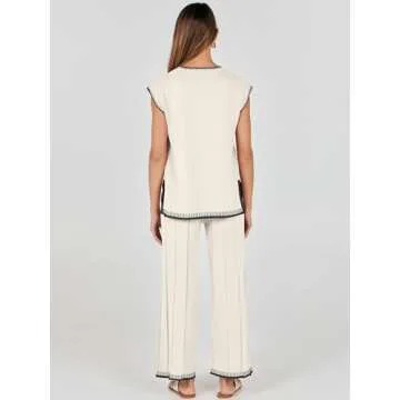 ANRABESS Women 2 Piece Outfits Casual Summer Sleeveless Tops Knit Pants Sweater Lounge Matching Sets 2025 Trendy Clothes Khaki-Black Medium