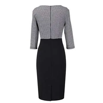 VFSHOW Womens Black and White Houndstooth Elegant Colorblock Work Business Office Church Sheath Dress 2132 HTH S