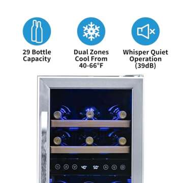NewAir 15" Built-in or Freestanding 29 Bottle Dual Temperature Zone Wine Fridge, Quiet Operation Wine Cooler with Beech Wood Shelves, Stainless Steel Wine Cellar for Red, White, and Sparkling Wine
