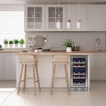 NewAir 15" Built-in or Freestanding 29 Bottle Dual Temperature Zone Wine Fridge, Quiet Operation Wine Cooler with Beech Wood Shelves, Stainless Steel Wine Cellar for Red, White, and Sparkling Wine