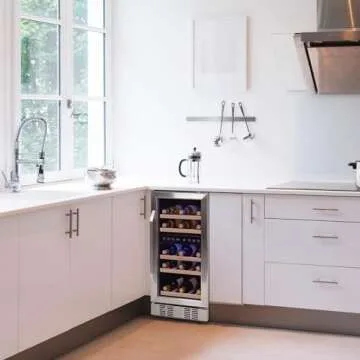 NewAir 15" Built-in or Freestanding 29 Bottle Dual Temperature Zone Wine Fridge, Quiet Operation Wine Cooler with Beech Wood Shelves, Stainless Steel Wine Cellar for Red, White, and Sparkling Wine