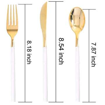 WDF 90Pieces Gold Plastic Silverware-Gold Plastic Cutlery with White Handle- Heavy Duty Plastic Than...
