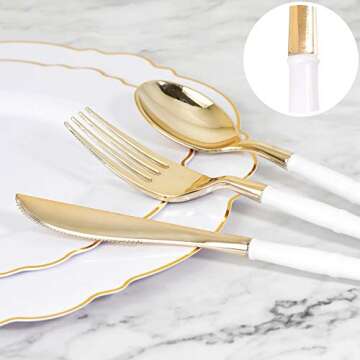 WDF 90Pieces Gold Plastic Silverware-Gold Plastic Cutlery with White Handle- Heavy Duty Plastic Thanksgiving Christmas Silverware Include 30Forks, 30 Spoons, 30 Knives for Parties