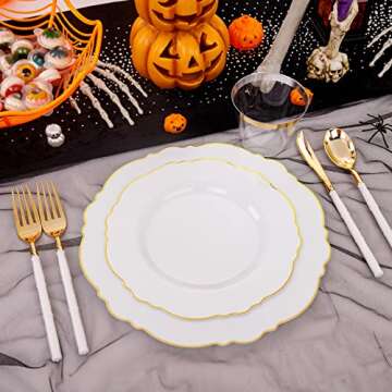 WDF 90Pieces Gold Plastic Silverware-Gold Plastic Cutlery with White Handle- Heavy Duty Plastic Thanksgiving Christmas Silverware Include 30Forks, 30 Spoons, 30 Knives for Parties