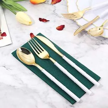 WDF 90Pieces Gold Plastic Silverware-Gold Plastic Cutlery with White Handle- Heavy Duty Plastic Thanksgiving Christmas Silverware Include 30Forks, 30 Spoons, 30 Knives for Parties