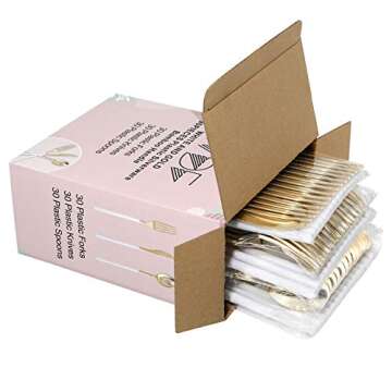 WDF 90Pieces Gold Plastic Silverware-Gold Plastic Cutlery with White Handle- Heavy Duty Plastic Thanksgiving Christmas Silverware Include 30Forks, 30 Spoons, 30 Knives for Parties