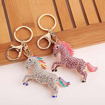 FunBase Crystal Unicorn Keychain 3D Horse Keyring Charm Purse Handbag Pendant