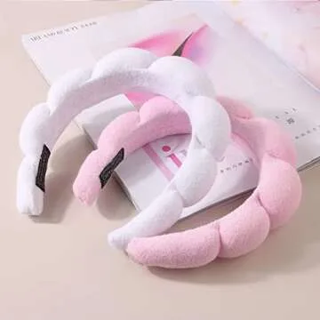 Nisstiiv Mimi and Co Spa Headband for Women, Sponge Washing Face, Makeup Skincare Puffy Headband, Terry Towel Cloth Skincare, with 2pcs Face Wristbands (New-Pink, New-Pink)