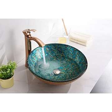 ANZZI Chrona Modern Tempered Glass Vessel Bowl Sink in Gold/Cyan Mix, Gold Top Mount Bathroom Sinks Above Counter, Round Vanity Countertop Sink Bowl with Pop Up Drain, LS-AZ209