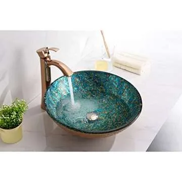 ANZZI Chrona Modern Tempered Glass Vessel Bowl Sink in Gold/Cyan Mix, Gold Top Mount Bathroom Sinks Above Counter, Round Vanity Countertop Sink Bowl with Pop Up Drain, LS-AZ209
