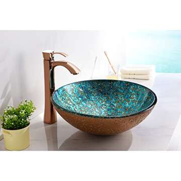 ANZZI Chrona Modern Tempered Glass Vessel Bowl Sink in Gold/Cyan Mix, Gold Top Mount Bathroom Sinks Above Counter, Round Vanity Countertop Sink Bowl with Pop Up Drain, LS-AZ209