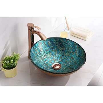 ANZZI Chrona Modern Tempered Glass Vessel Bowl Sink in Gold/Cyan Mix, Gold Top Mount Bathroom Sinks Above Counter, Round Vanity Countertop Sink Bowl with Pop Up Drain, LS-AZ209