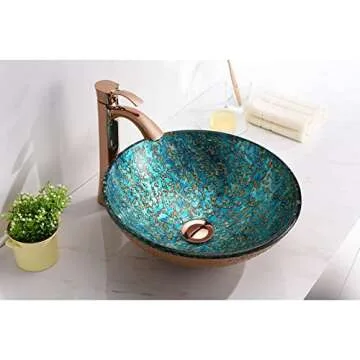 ANZZI Chrona Modern Tempered Glass Vessel Bowl Sink in Gold/Cyan Mix, Gold Top Mount Bathroom Sinks Above Counter, Round Vanity Countertop Sink Bowl with Pop Up Drain, LS-AZ209