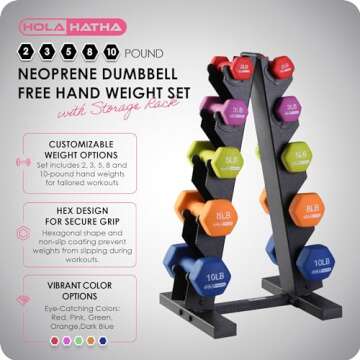 HolaHatha Neoprene Dumbbell Weights Set & Rack for Home Workout, 56 Lbs, Multicolor