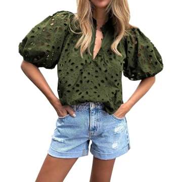 BTFBM Womens Casual Summer Blouse 2025 Hollow Out Eyelet Embroidery Tops V Neck Buttons Puff Short S...