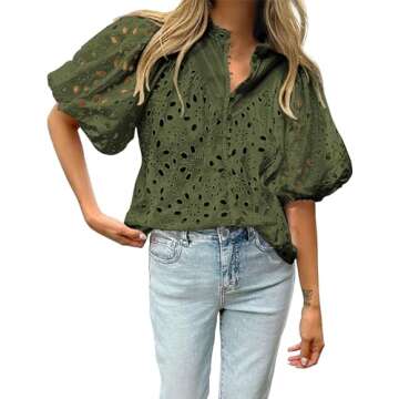 BTFBM Womens Casual Summer Blouse 2025 Hollow Out Eyelet Embroidery Tops V Neck Buttons Puff Short Sleeve Boho Shirts(Solid Army Green, Large)