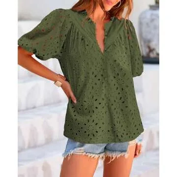 BTFBM Womens Casual Summer Blouse 2025 Hollow Out Eyelet Embroidery Tops V Neck Buttons Puff Short Sleeve Boho Shirts(Solid Army Green, Large)