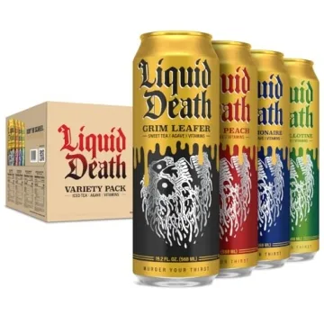 Liquid Death, Iced Tea Variety Pack (Grim Leafer, Rest in Peach, Dead Billionaire, and Green Guillotine), 12-Pack (King Size 19.2oz Cans), Tea Sweetened With Real Agave, B12 & B6 Vitamins, Low Calorie & Low Sugar
