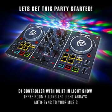 Numark Party Mix - Complete DJ Controller Set for Serato DJ with 2 Decks, Party Lights, Headphone Output, Performance Pads and Crossfader/Mixer