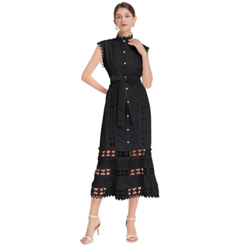 LAI MENG FIVE CATS Women's Sleeveless Hollow Out Lace Button Up Casual Midi Party Dress with Belt Bl...
