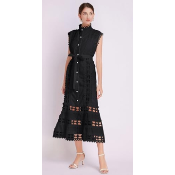 LAI MENG FIVE CATS Women's Sleeveless Hollow Out Lace Button Up Casual Midi Party Dress with Belt Black
