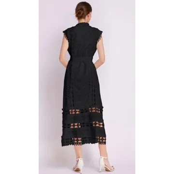 LAI MENG FIVE CATS Women's Sleeveless Hollow Out Lace Button Up Casual Midi Party Dress with Belt Black