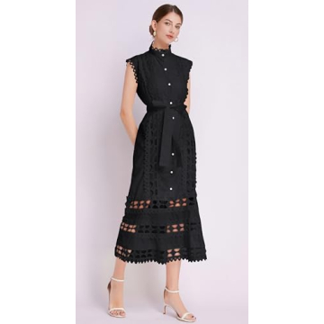 LAI MENG FIVE CATS Women's Sleeveless Hollow Out Lace Button Up Casual Midi Party Dress with Belt Black