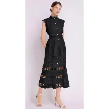 LAI MENG FIVE CATS Women's Sleeveless Hollow Out Lace Button Up Casual Midi Party Dress with Belt Black