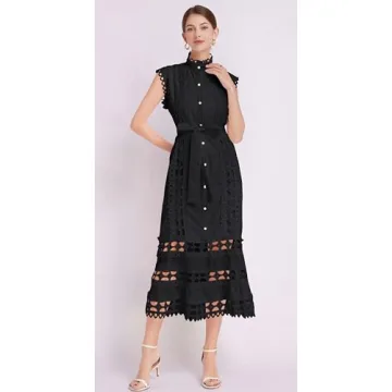 LAI MENG FIVE CATS Women's Sleeveless Hollow Out Lace Button Up Casual Midi Party Dress with Belt Black