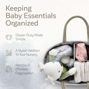 KiddyCare Woven Diaper Caddy Organizer, Large Gray Multi Functional Portable Baby Basket with Handle...