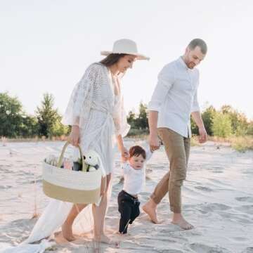 KiddyCare Woven Diaper Caddy Organizer, Large Gray Multi Functional Portable Baby Basket with Handle, Baby Gift for Boy/Girl Nursery Storage, Organization, and Modern Car Diaper Caddy Natural Large